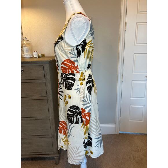 Monteau | Cream Linen Blend Floral A Line V Neck Button Front Dress | XS - Picture 9 of 14